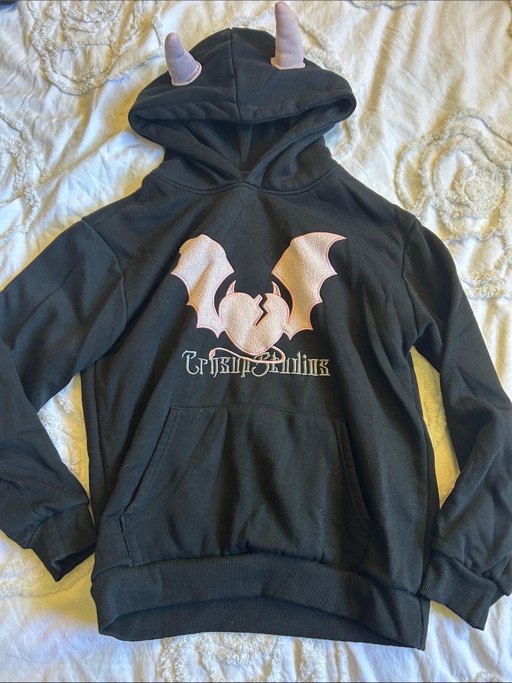 Black Hoodie with Pink Bat Graphic and Horned Hood